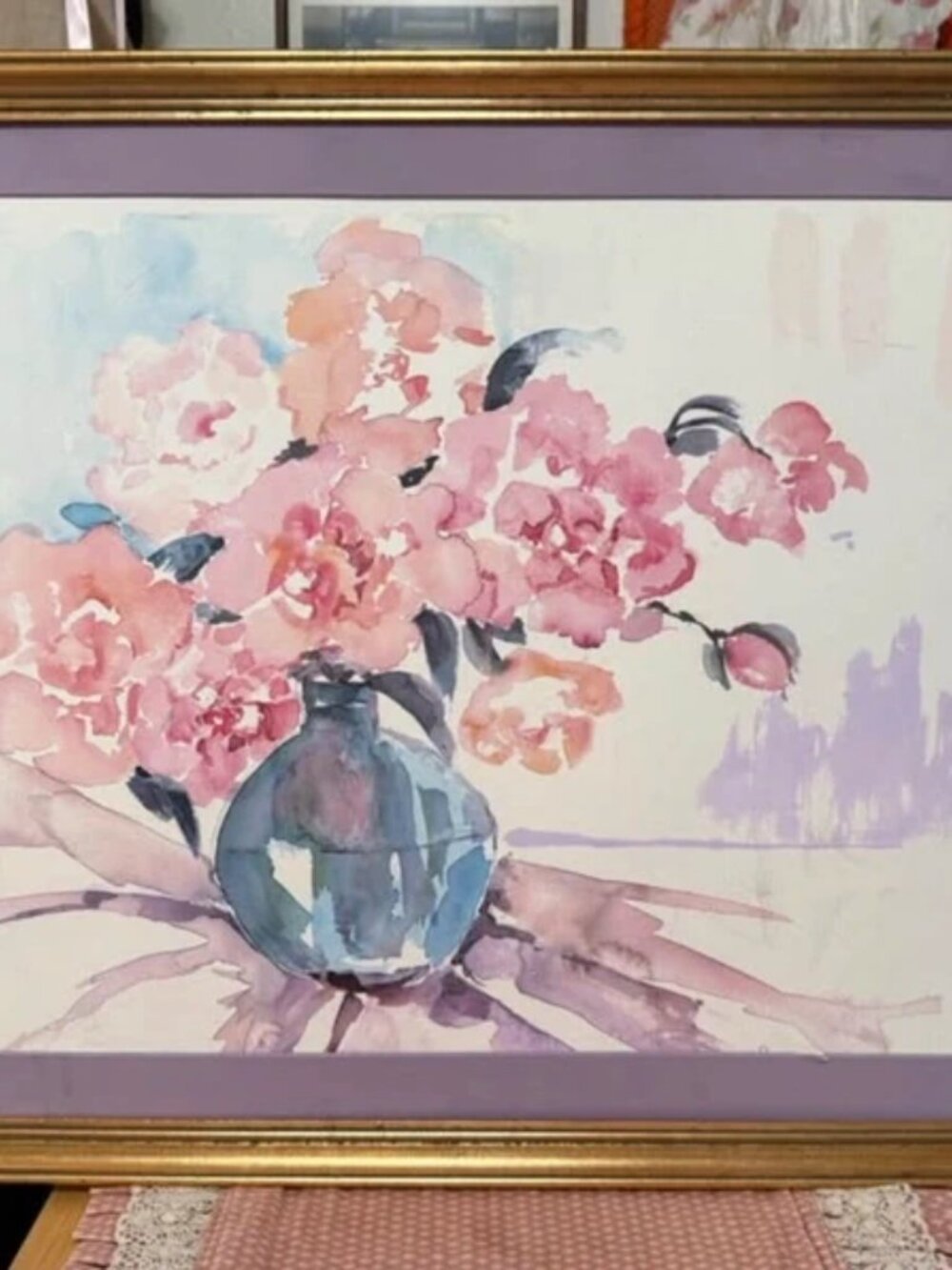 Large Vintage Style Floral Watercolor Painting signed by artist